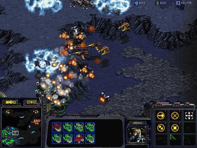 StarCraft: Brood War Screenshot (Blizzard Entertainment website, 2000): A wing of Valkyries attempt to thwart a Protoss invasion force
