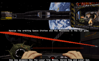 Duke Nukem 3D Screenshot (Shareware v1.0, 1996-01-29): Rescue the orbiting Space Station and the Moonbase in the full game. Use the new weapons like the Laser Trip Mines, Shrink Ray and Laser Gun.