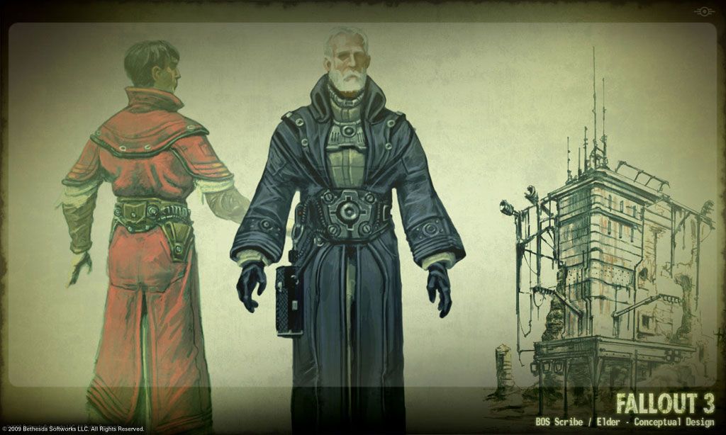 Fallout 3 Concept Art (fallout4.com, Bethesda's official Fallout website): A Brotherhood of steel scribe and elder.