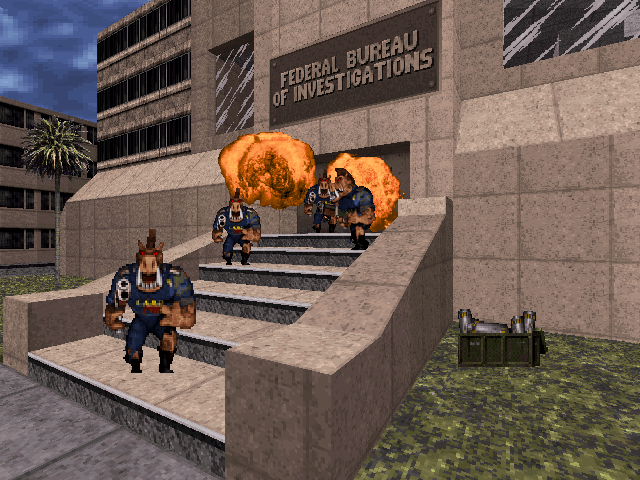 Duke it out in D.C. Screenshot (Demo version, 1997-02-22): Nuked Files - Level 3: View from outside the FBI Building.
