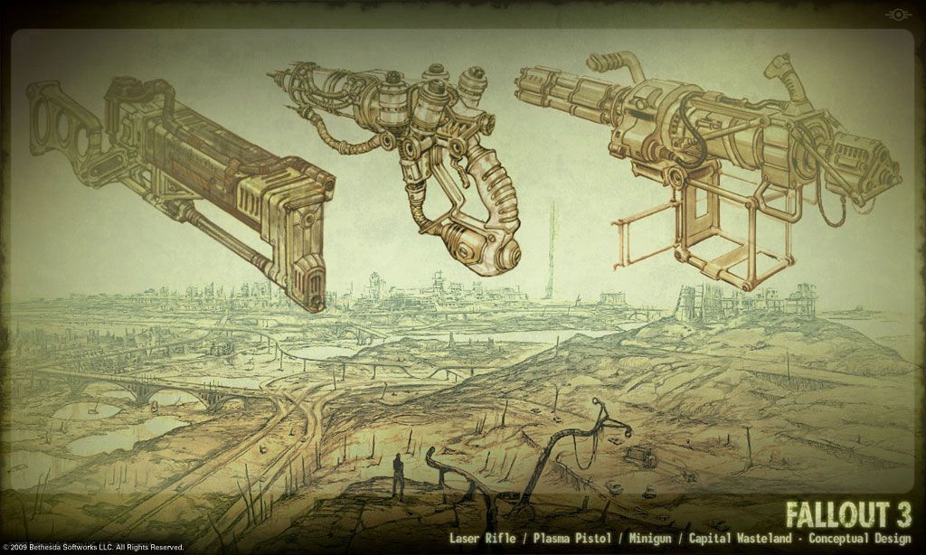 Fallout 3 Concept Art (fallout4.com, Bethesda's official Fallout website): The laser rifle, plasma pistol and the minigun.