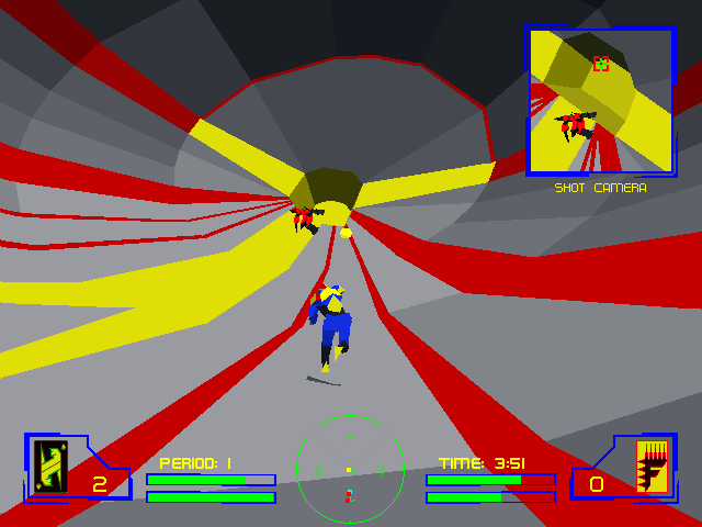 HyperBlade Screenshot (Activision E3 1996 Press Kit): Shockwave team member scores against the Seattle Fury in HyperBlade.
