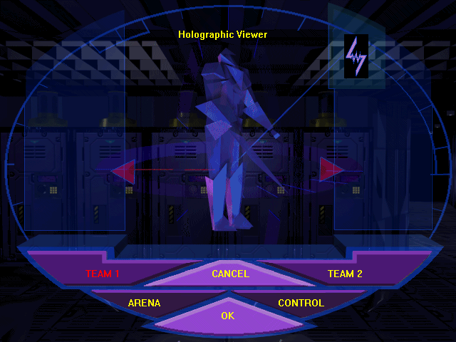 HyperBlade Screenshot (Activision E3 1996 Press Kit): The holographic viewer allows players to select different teams, arenas and input controllers.