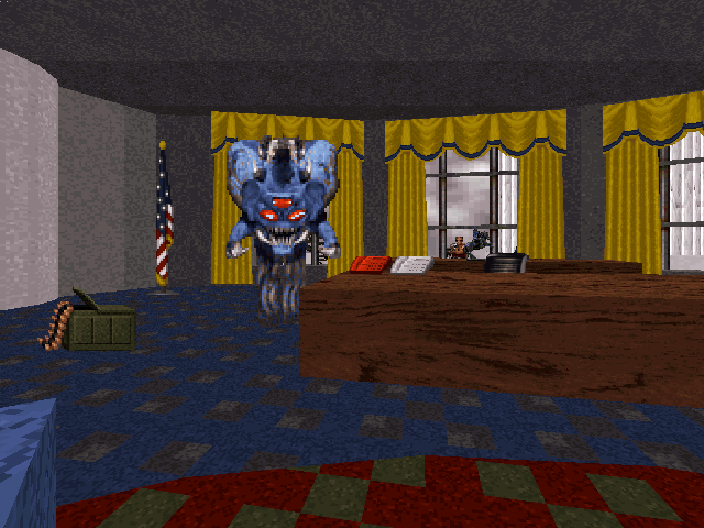 Duke it out in D.C. Screenshot (Demo version, 1997-02-22): Hell to the Chief - Level 1: View of the Presidential Oval Office inside the White House.
