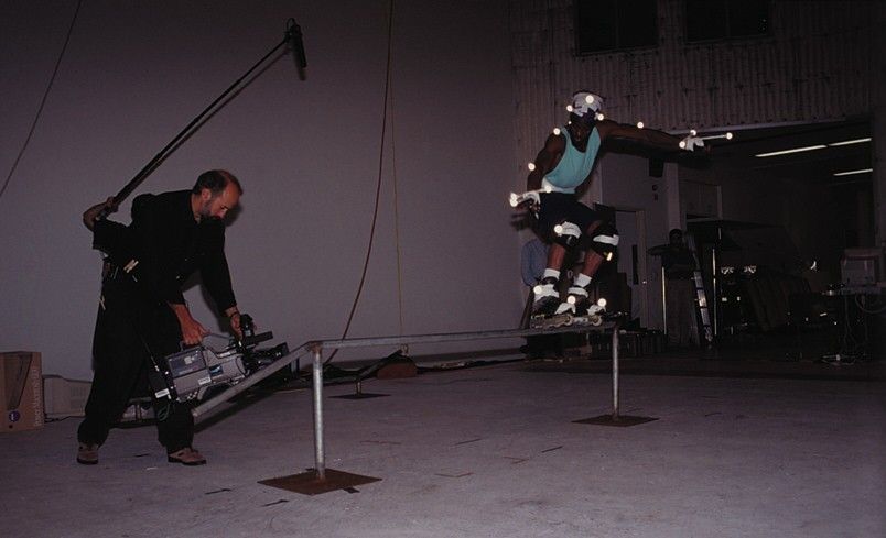 HyperBlade Other (Activision E3 1996 Press Kit): Wearing motion-capture sensors, AJ Jackson demonstrates his rail grind for HyperBlade's fluid character animations.