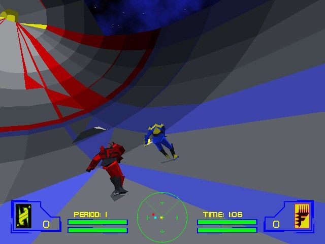 HyperBlade Screenshot (Activision E3 1996 Press Kit): Seattle Fury team member pursues L.A. Shockwave opponent in HyperBlade.