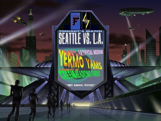 HyperBlade Screenshot (Activision E3 1996 Press Kit): Stadium marquee promoting the Seattle Fury vs. L.A. Shockwave season game