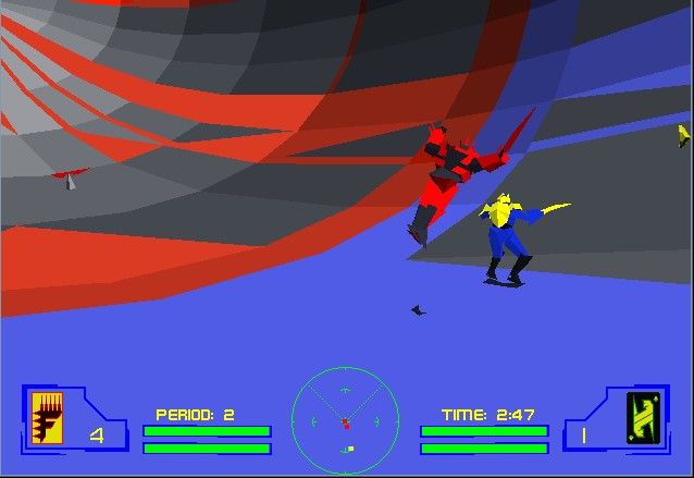 HyperBlade Screenshot (Activision E3 1996 Press Kit): Seattle Fury player catapults into the air to attack L.A. Shockwave opponent in HyperBlade.