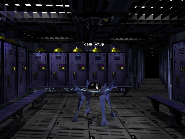 HyperBlade Screenshot (Activision E3 1996 Press Kit): The HyperBlade locker room allows players to choose from twelve different international teams.