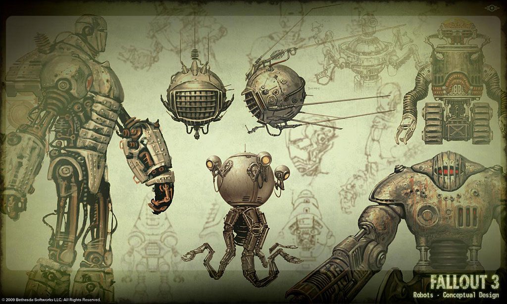 Fallout 3 Concept Art (fallout4.com, Bethesda's official Fallout website): Eyebots, a Mr. handy, Robobrain, Sentry bot and Liberty Prime.