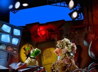 Muppet Treasure Island Screenshot (Activision E3 1996 Press Kit): Captain Smollett (Kermit the Frog) and Long John Silver (Tim Curry) sail on the Hispaniola in Muppet Treasure Island.