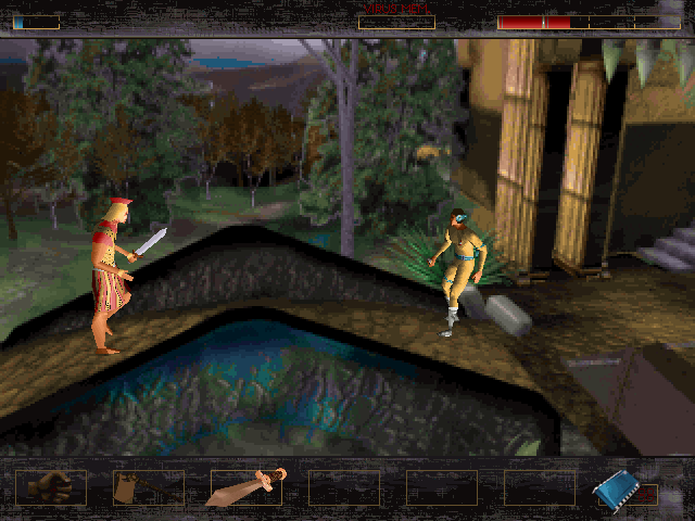 Time Commando Screenshot (Activision E3 1996 Press Kit): A medieval sword fight takes place above a castle moat.