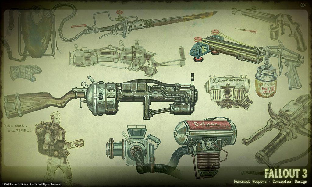 Fallout 3 Concept Art (fallout4.com, Bethesda's official Fallout website): Several modded weapons.