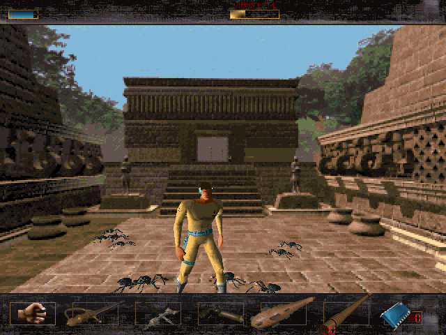 Time Commando Screenshot (Activision E3 1996 Press Kit): Among Aztec ruins, Stanley (an elite computer virus exterminator) plots the destruction of killer spiders.