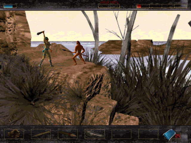 Time Commando Screenshot (Activision E3 1996 Press Kit): A duel between man of the past and man of the future squares off in the prehistoric time period.