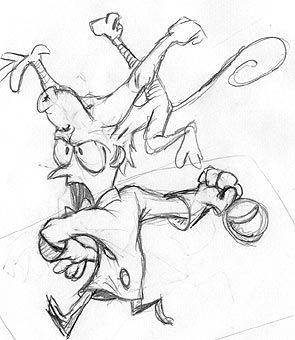 Earthworm Jim Screenshot (Douglas TenNapel's official website): Early Professor Monkey for-a Head Concept Art downloaded from here
