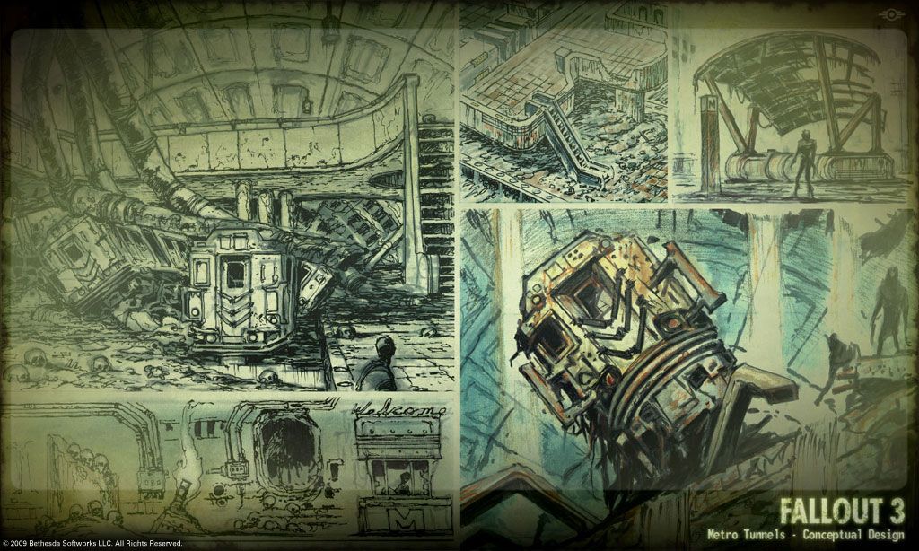 Fallout 3 Concept Art (fallout4.com, Bethesda's official Fallout website): Metro tunnels in Washington DC.