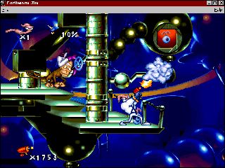 Earthworm Jim: Special Edition Screenshot (Activision website, 1996): Earthworm Jim battles Professor Monkey-for-a-Head, trying not to fall victim to his wicked experiments.