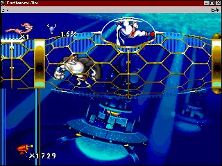 Earthworm Jim: Special Edition Screenshot (Activision website, 1996): Down the Tubes: Earthworm Jim carefully avoids Bob the Goldfish's hefty guard by bracing himself in the dome while the guard passes underneath him.