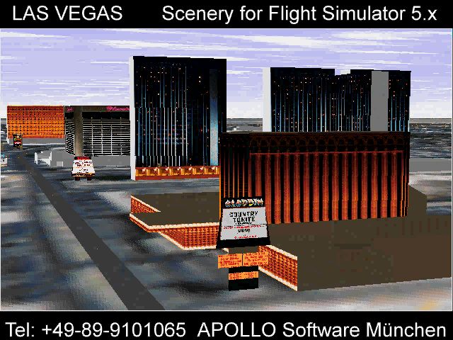 Las Vegas Scenery for Microsoft Flight Simulator 5 Screenshot (Apollo promotional video clips 1995-08-23): ...so real you'll almost hear the coins falling from the slot machines.