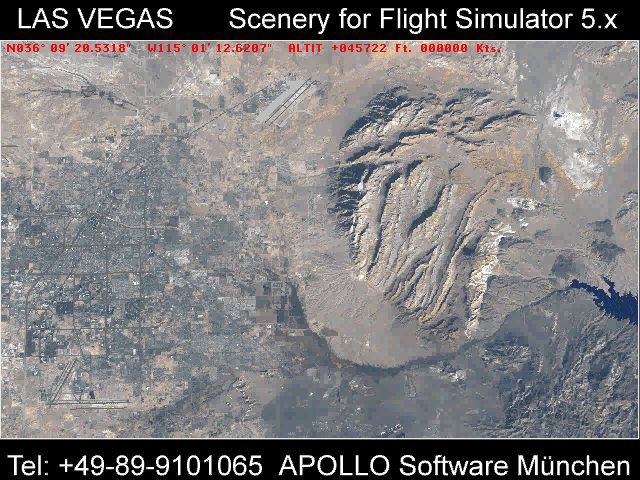 Las Vegas Scenery for Microsoft Flight Simulator 5 Screenshot (Apollo promotional video clips 1995-08-23): Distant vistas on the horizon increase in detail as you fly nearer. Satellite view