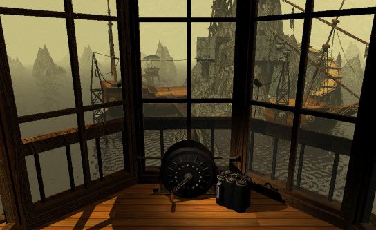 Myst Screenshot (Cyan's website): View out of the lighthouse in Stoneship Age