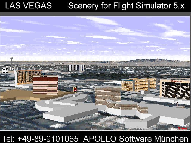 Las Vegas Scenery for Microsoft Flight Simulator 5 Screenshot (Apollo promotional video clips 1995-08-23): Realistic effects, such as shadows changing according to time of day and ...