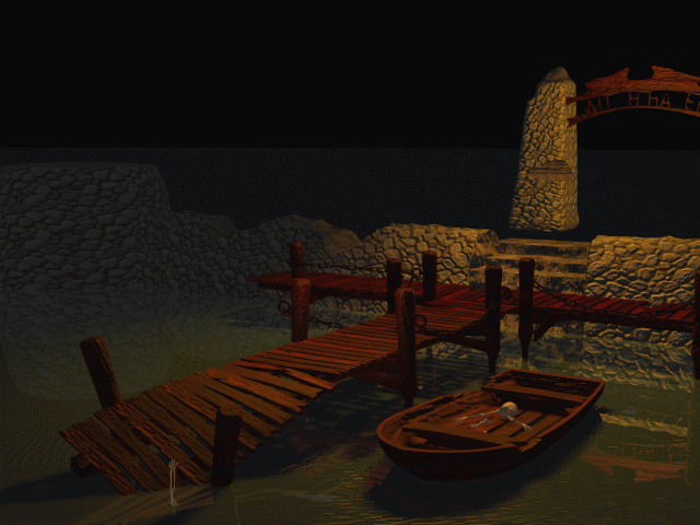 Witchaven Screenshot (IntraCorp website, 1996): From the intro sequence. The skeletal remains in the bottom of the boat, an augury of the evil awaiting you on the island of Char.
