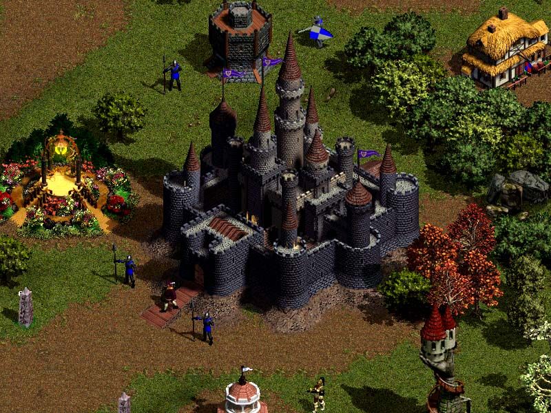 Majesty: The Fantasy Kingdom Sim Screenshot (Cyberlore Studios website, 2000): The Palace. The center of your power. From here you decree what contructions will be built in your kingdom, recruit your mighty heroes, and cast magical spells.