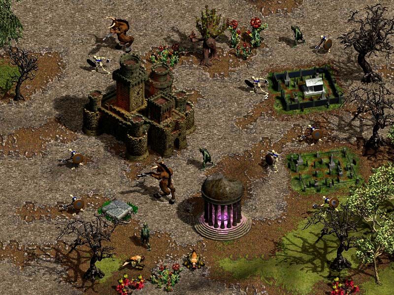 Majesty: The Fantasy Kingdom Sim Screenshot (Cyberlore Studios website, 2000): Evil castles and other places of ancient terrors spawn creatures bent on your destruction. Eliminate them whenever possible but beware of their masters who don't like having their resting places disturbed.