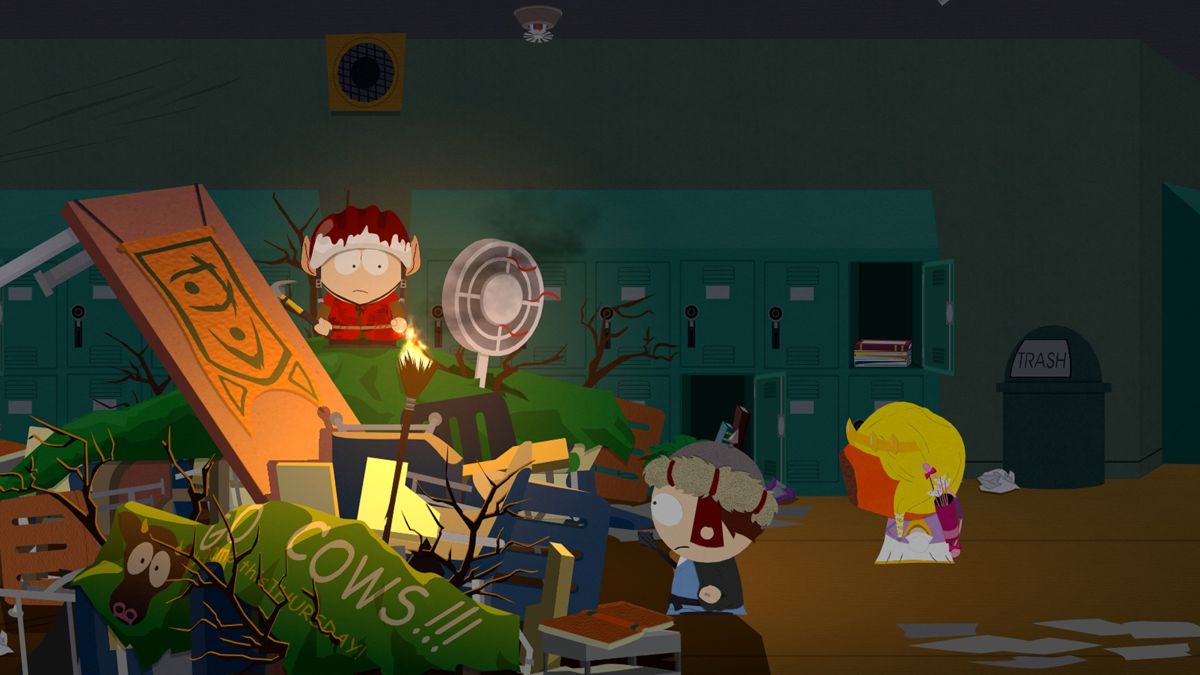 South Park: The Stick of Truth Screenshot (ubisoft.com, official website of Ubisoft): The player and Princess Kenny arriving in the occupied school.