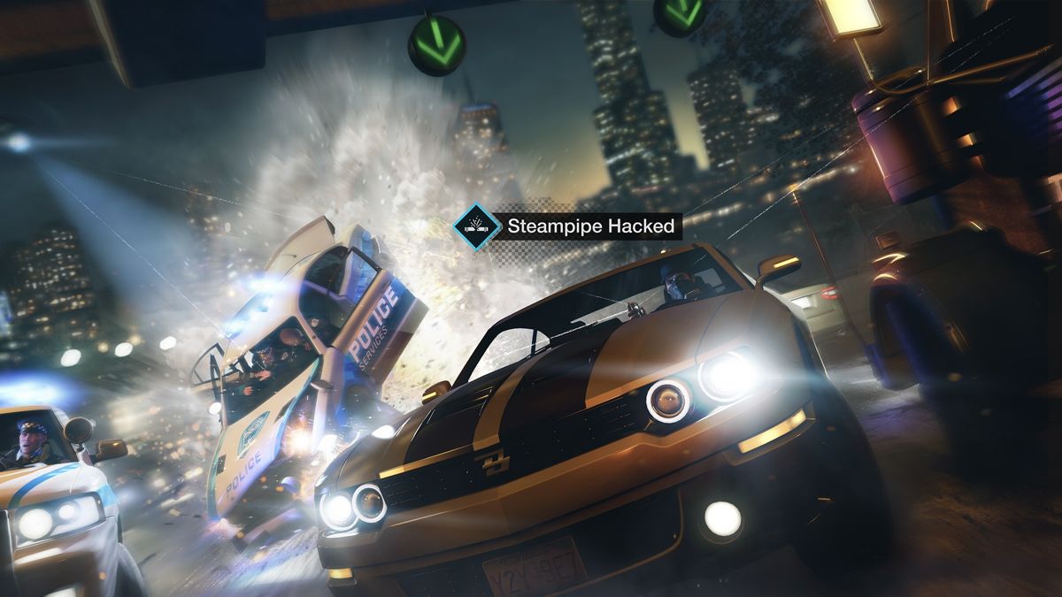 Watch_Dogs Screenshot (ubisoft.com, official website of Ubisoft): Using a steam pipe to counter following police cars.