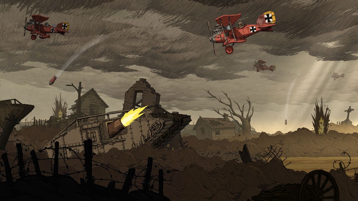 Valiant Hearts: The Great War Screenshot (ubisoft.com, official website of Ubisoft): A tank shoots and the Red Baron flies by.