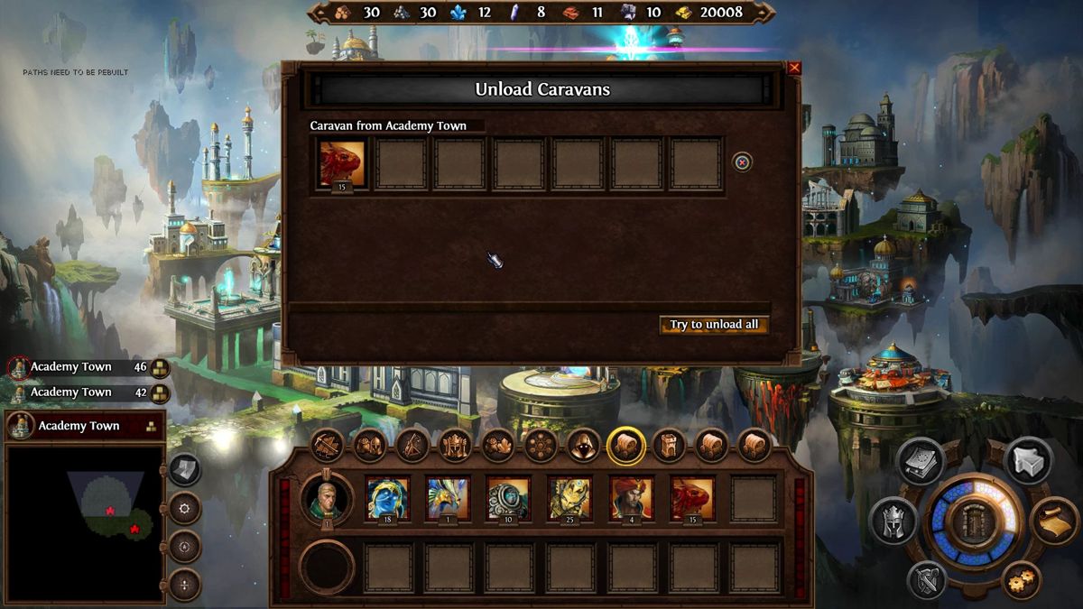 Might & Magic: Heroes VII Screenshot (Ubisoft: Development (Towns)): Townscreen Interface (work in progress): Unload Caravans downloaded from here