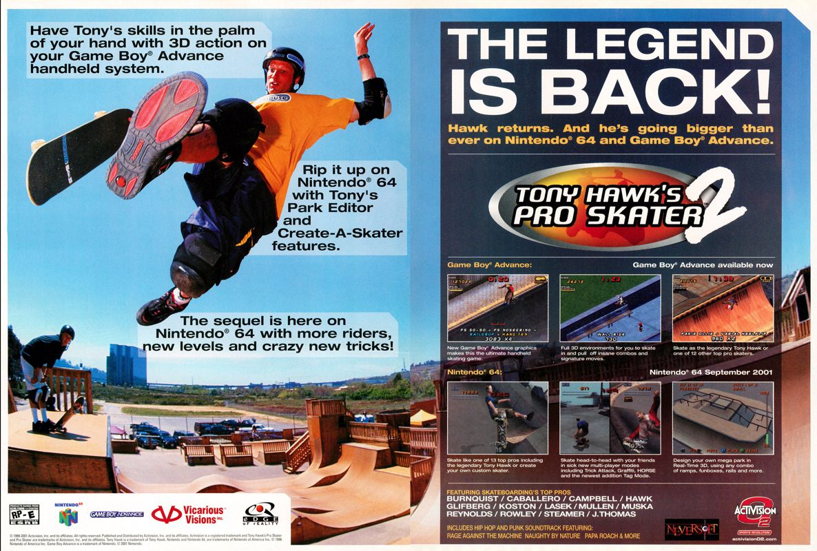 Tony Hawk's Pro Skater 2 Magazine Advertisement (Magazine Advertisements): Nintendo Power #148 (September 2001), pages 4-5