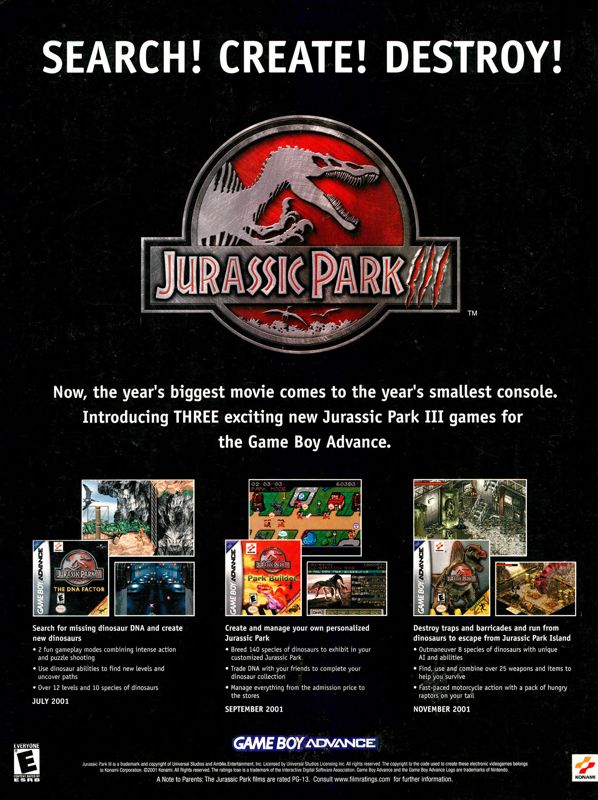 Jurassic Park III: Park Builder Magazine Advertisement (Magazine Advertisements): Nintendo Power #148 (September 2001), back cover