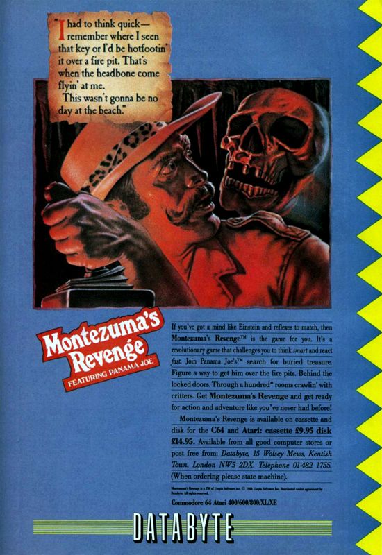 Montezuma's Revenge Magazine Advertisement (Magazine Advertisements): Zzap! 64 (United Kingdom), Issue 18 (October 1986)