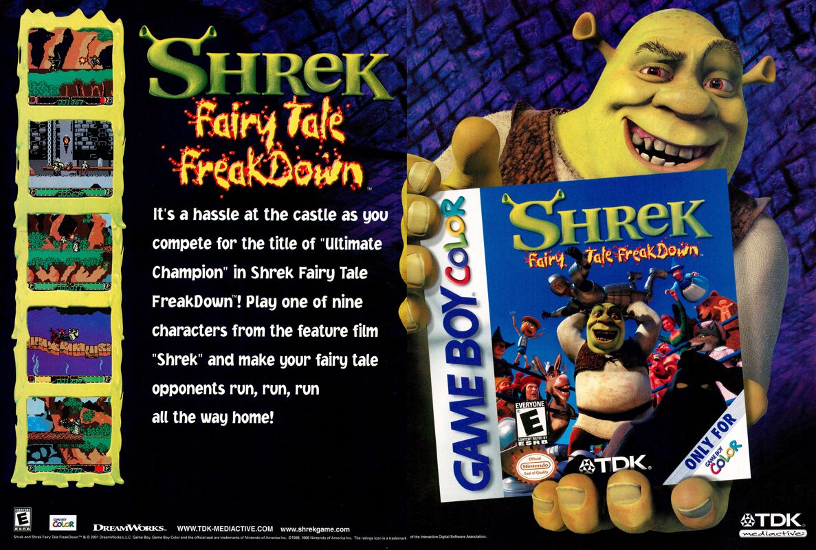 Shrek: Fairy Tale Freakdown Magazine Advertisement (Magazine Advertisements): Nintendo Power #144 (May 2001), pages 4-5