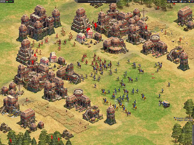 Rise of Nations Screenshot (Microsoft website, 2003): A mid-game Aztec City Rides out to meet the invader Aztec Combat Gallery