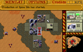 Dune II: The Building of a Dynasty Screenshot (Westwood Studios website, 1997):<br> A small Harkonnen Base in the desert.