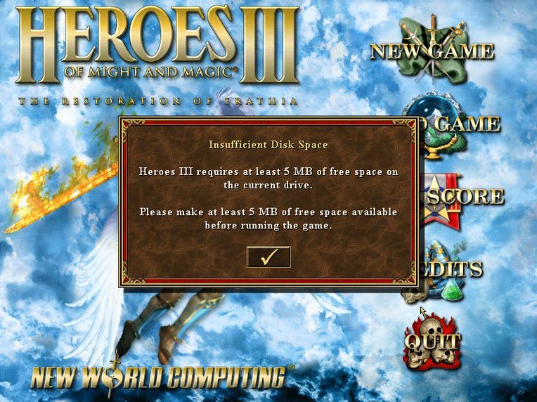 Heroes of Might & Magic III: HD Edition Screenshot (Celebration of the 15th Anniversary of the original.): Insufficient Disk Space downloaded from the official facebook page, in Timeline Photos