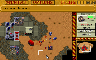 Dune II: The Building of a Dynasty Screenshot (Westwood Studios website, 1997): Atreides forces strike back against a very small Harkonnen outpost.