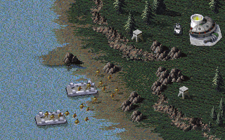 Command & Conquer Screenshot (Westwood Studios website, 1997): Nod forces sweep through a small outpost.