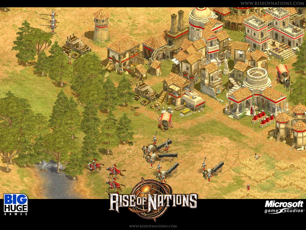 Rise of Nations Screenshot (Microsoft website, 2003): No unit line counters Artillery better than Heavy Cavalry. Almost nothing at all counters Heavy Cavalry better than Greek Heavy Cavalry...a well complemented raiding squad rides out Greek Combat Gallery
