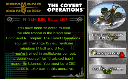 Command & Conquer: The Covert Operations Other (Westwood Studios website, 1997): Page navigation menu with Orca render