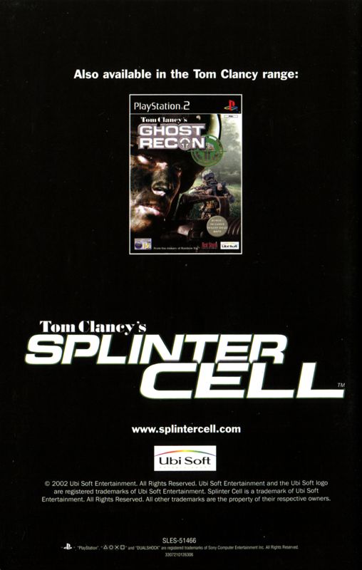 Tom Clancy's Ghost Recon Manual Advertisement (Game Manual Advertisements): Tom Clancy's Splinter Cell (UK), PS2 release (manual back)
