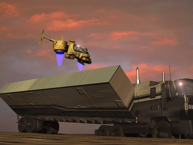 Command & Conquer Render (Westwood Studios website, 1997): An Orca Vertical Takeoff/Landing craft emerges from a ground Transport vehicle.