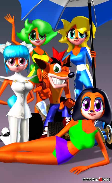 CTR: Crash Team Racing Concept Art (Naughty Dog character sketch images in 1999.): Crash and the victory girls. Naughty Dog official page in 1999.