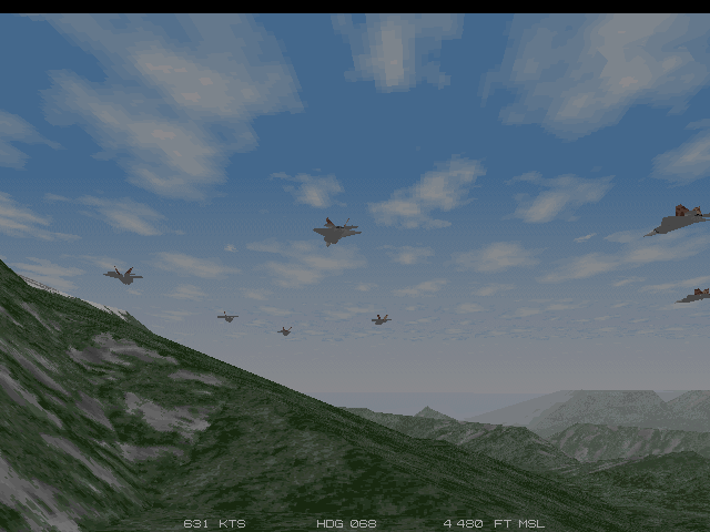 JetFighter III Screenshot (Slide show demo, 1995-11-29): A large patrol flies over the Lonquimay Hills in central Chile