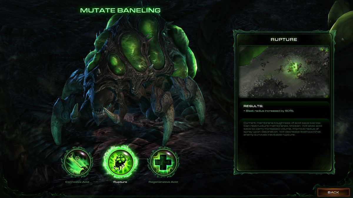 StarCraft II: Heart of the Swarm Screenshot (Blizzard Press Center > StarCraft II: Heart of the Swarm 2013 Launch Press Kit): Players can select various mutations to improve each species in: screenshots > Heart of the Swarm launch screenshots.